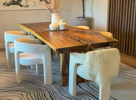 live edge dining table with white chairs